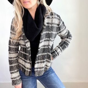 Lucky Brand Black & White Plaid Knit Moto Jacket M
